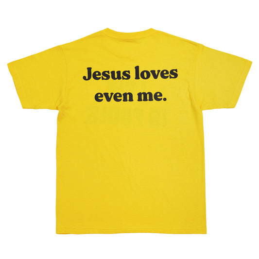카바라이프에서 판매중인 옐로우 히피스의 노란색 티셔츠로 등에 Jejus loves even me 라고 씌어있습니다.