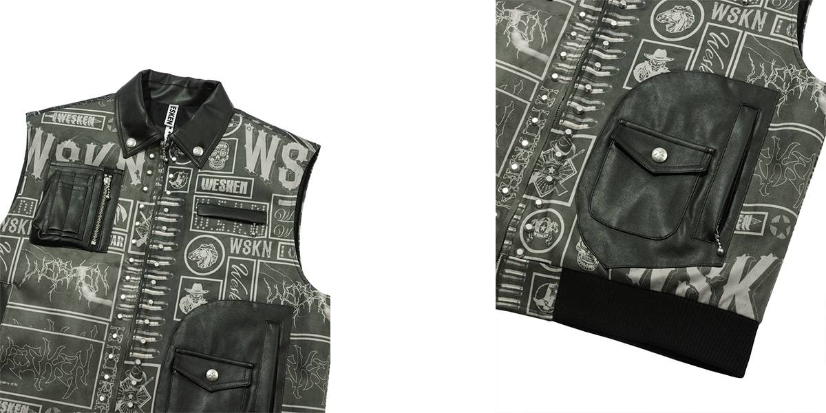 MA-1 BATTLE GRAPHIC STUD DETAILED PADDED VEST(BLACK) - WESKEN - CAVA LIFE