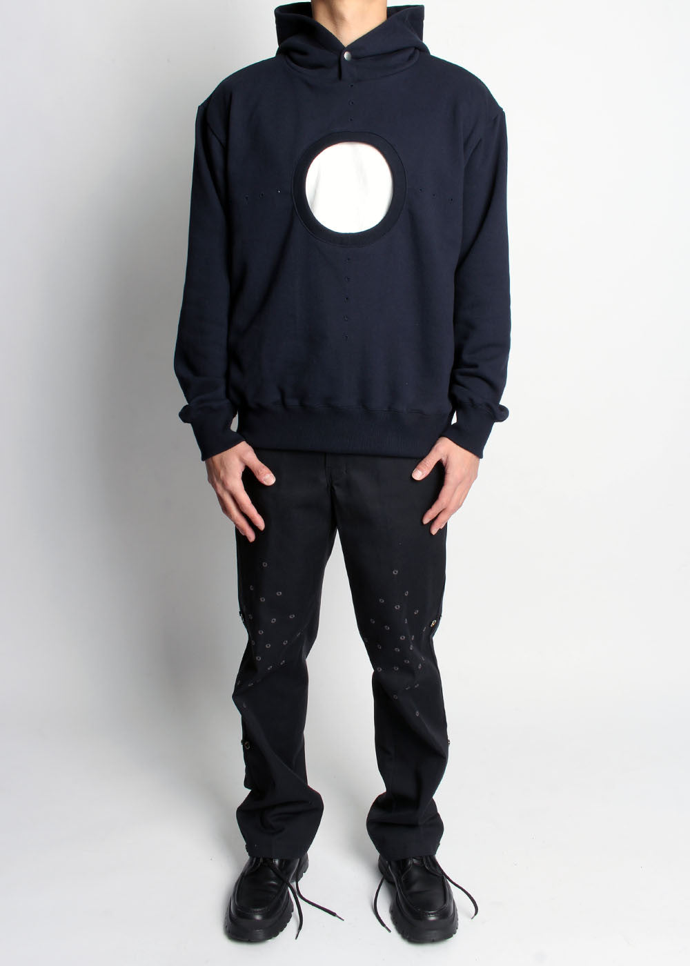 CIRCLE CUT AND PUNCHED HOODIE (NAVY) - IRREGULAR STUDIO 이레귤러 - CAVA LIFE