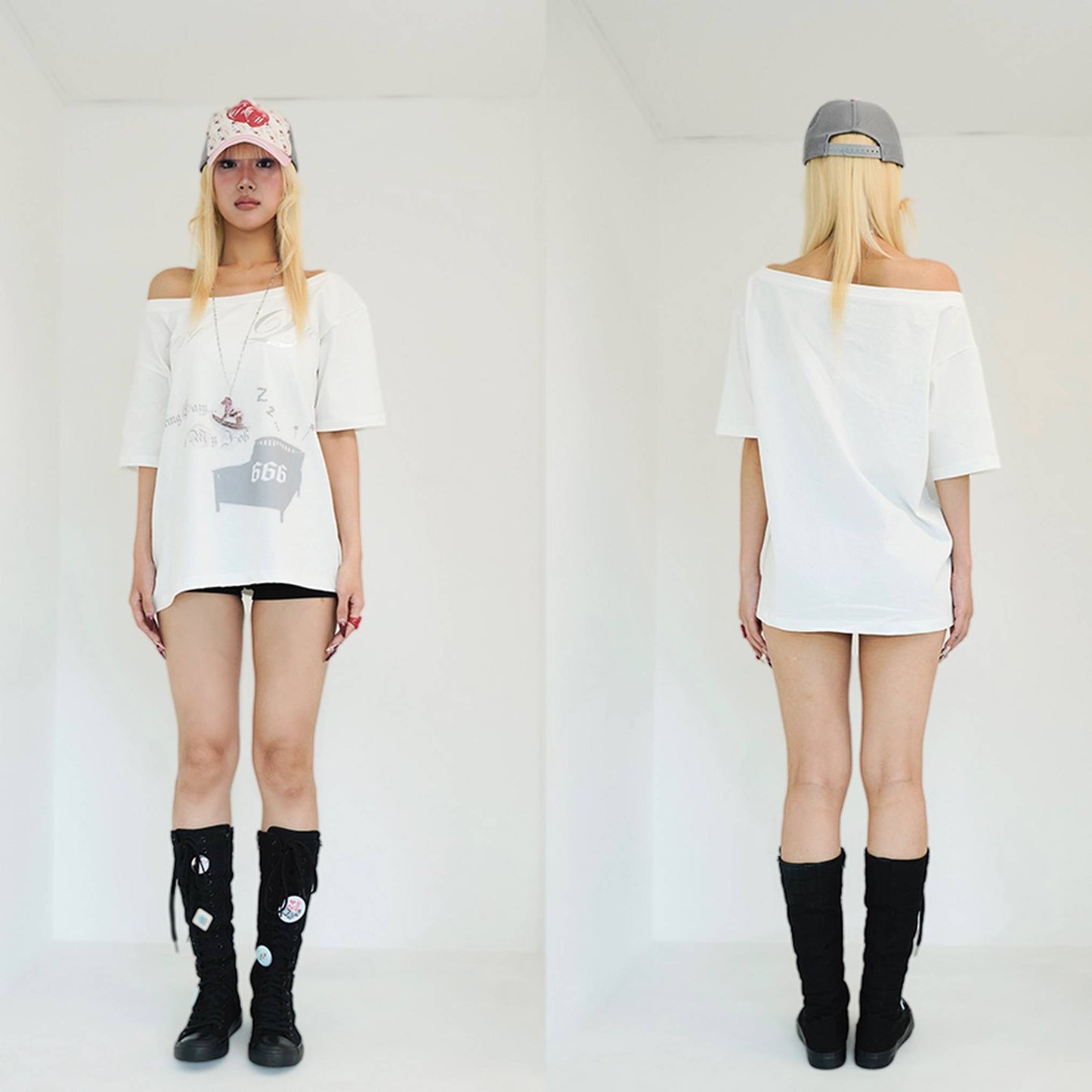 Lazy Queen Shiny Off-Shoulder Tee- White