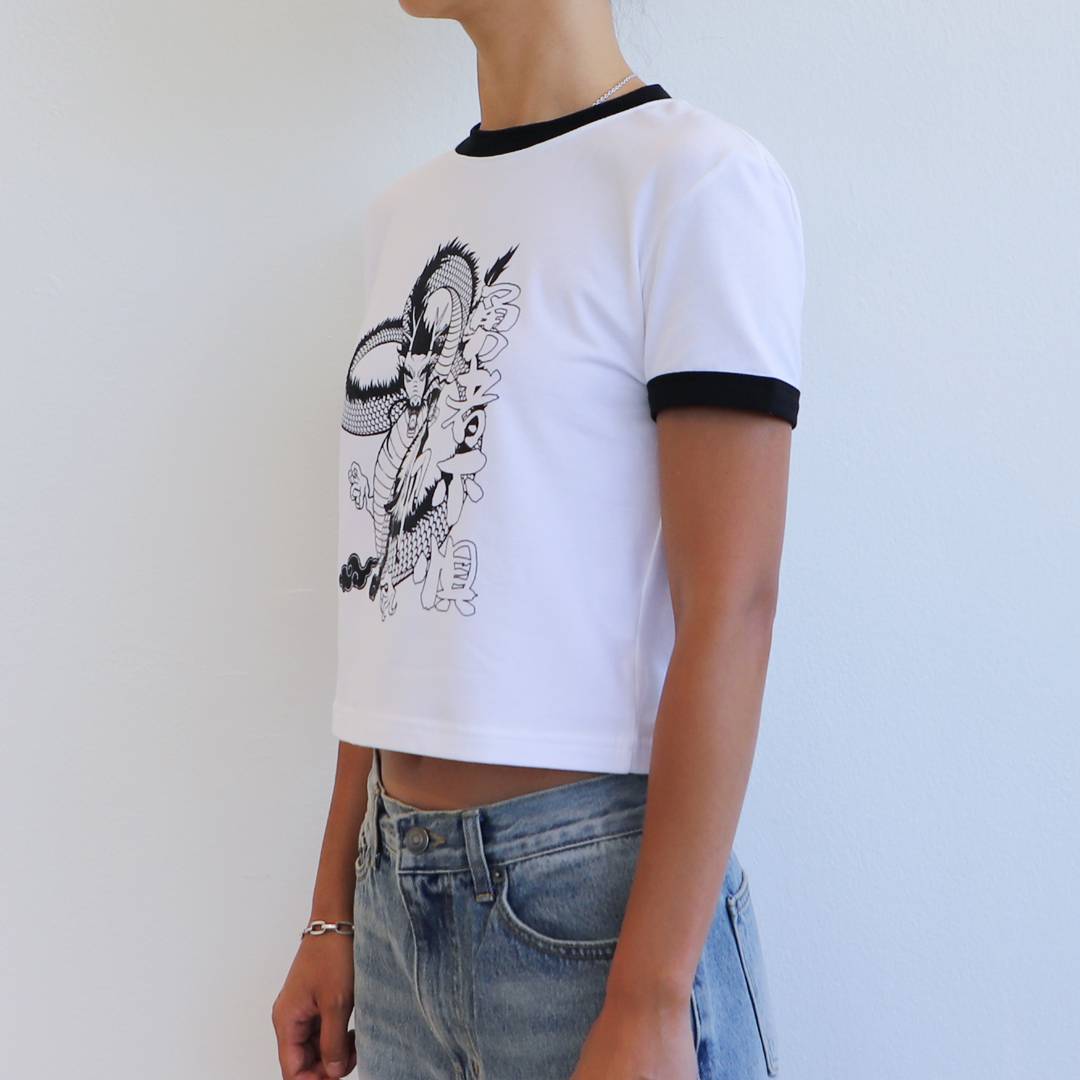 DRAGON Ringer Crop T-Shirt (WHITE) - KRUCHI 크루치 - CAVA LIFE