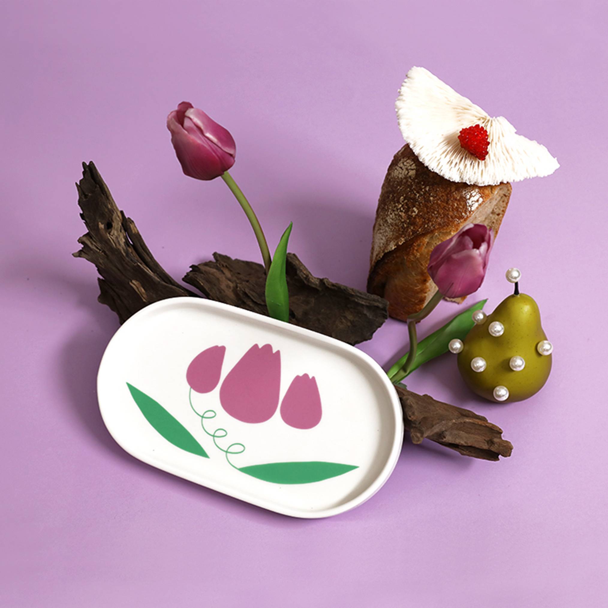 퍼플 플라워 오발 플레이트