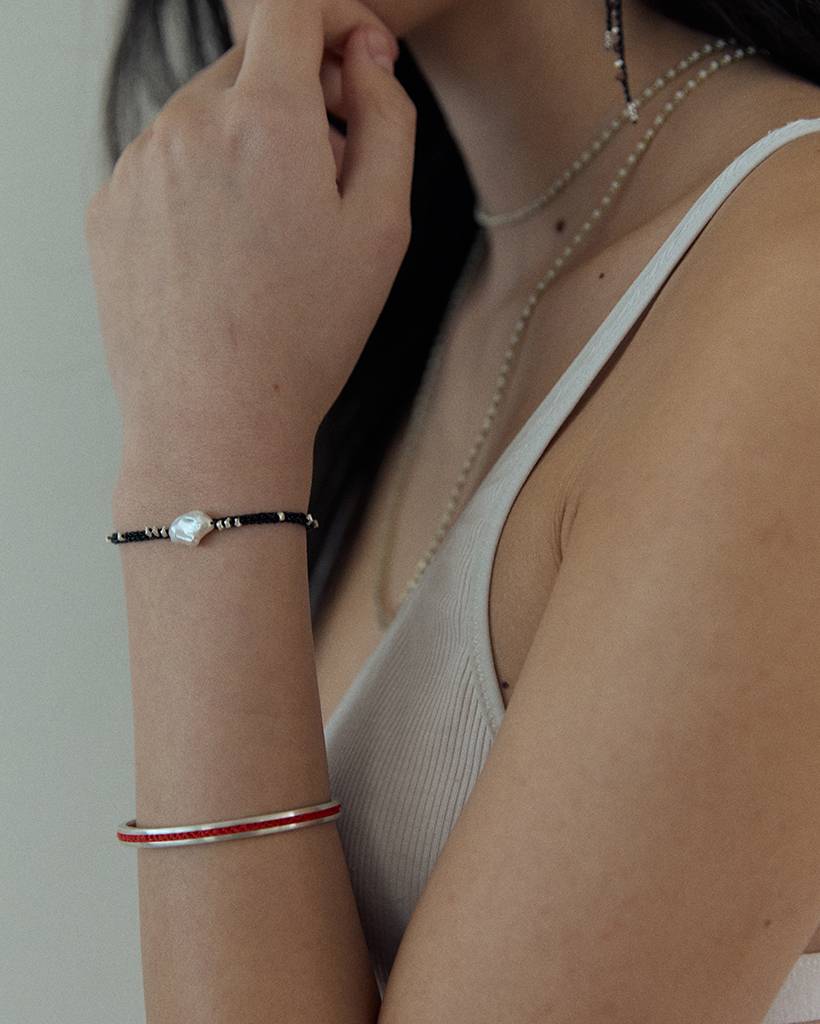 pearl and silver chips metallic crochet bracelet (bold)