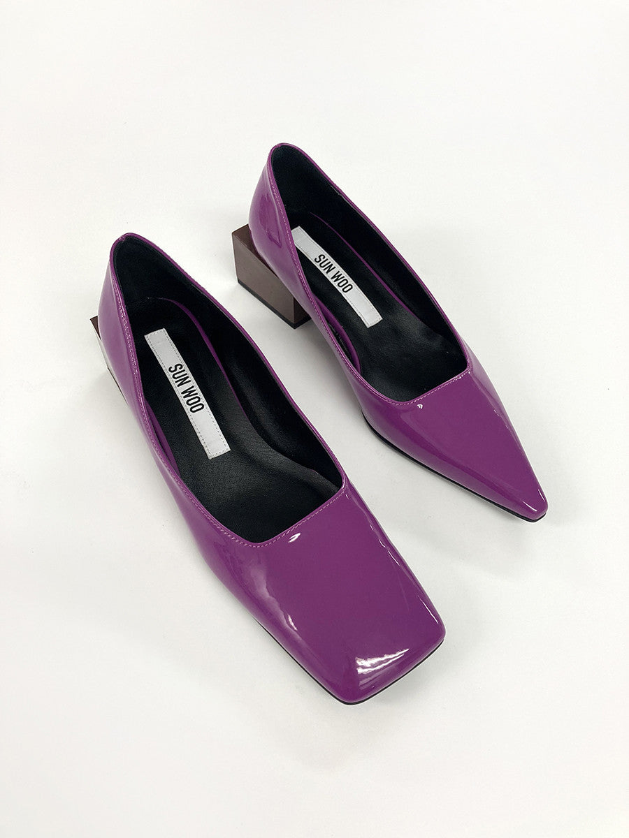 TRI-QUARE BLOCK MID HEEL in PURPLE/BROWN - SUN WOO 선우 - CAVA LIFE
