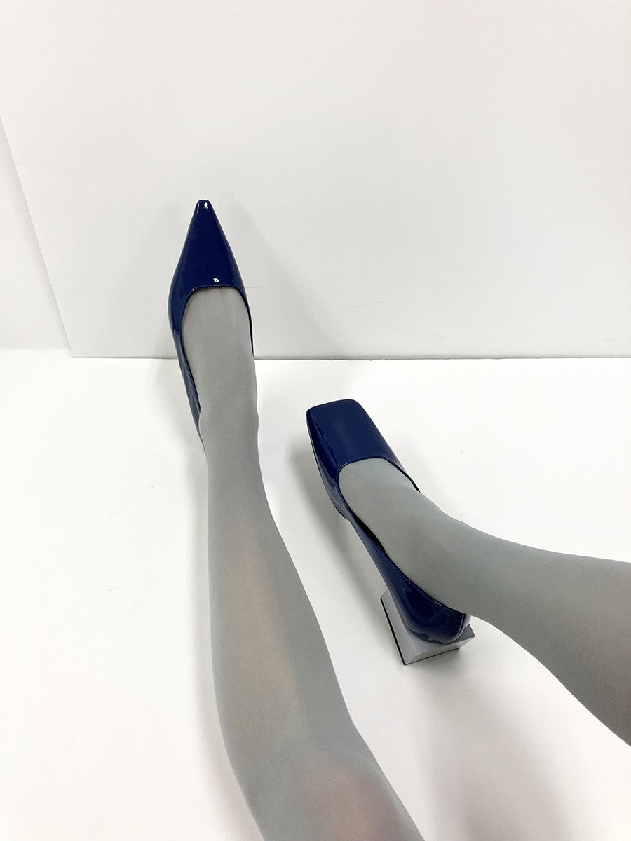 TRI-QUARE BLOCK MID HEEL in NAVY/GRAY - SUN WOO 선우 - CAVA LIFE