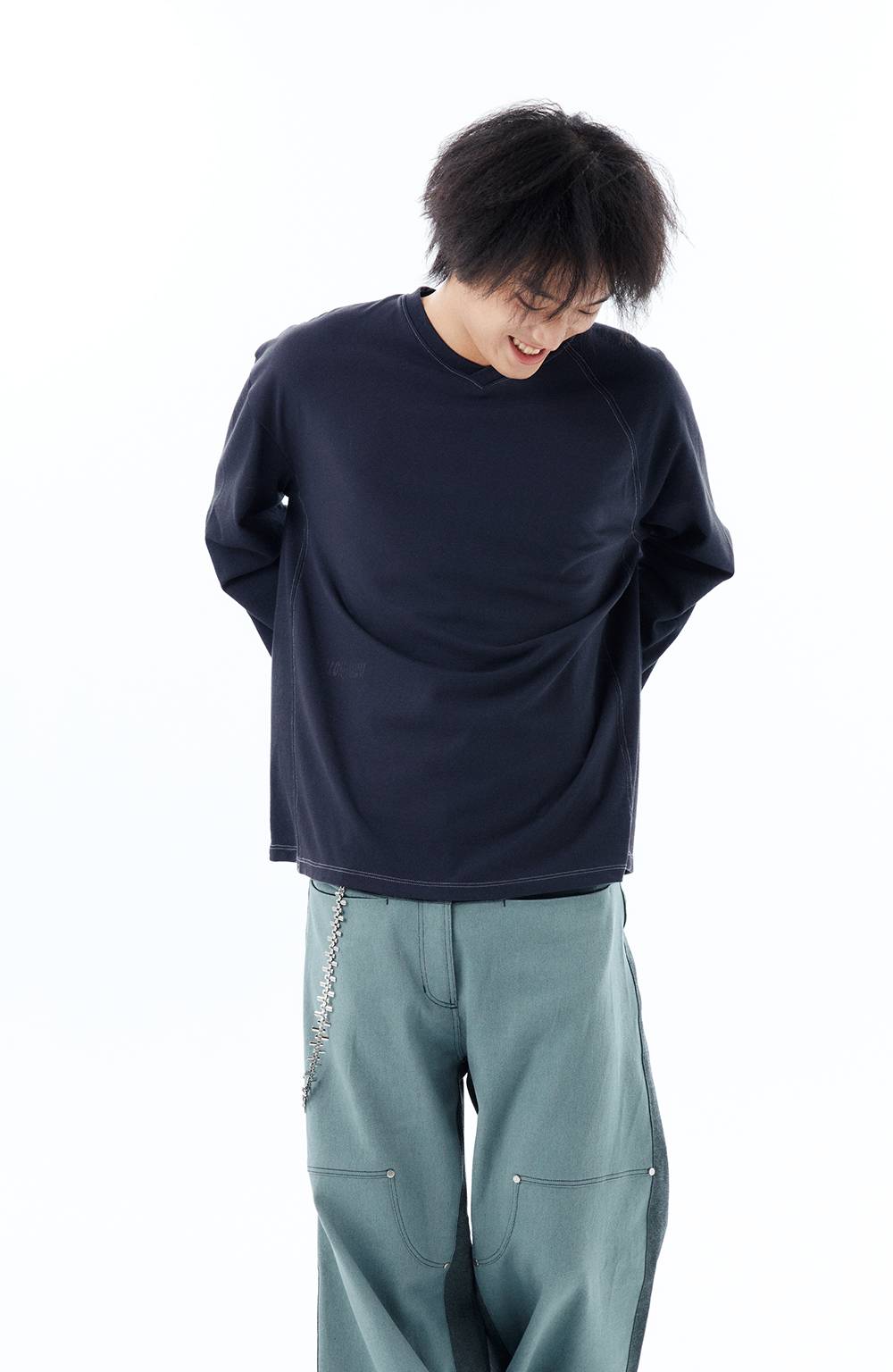 V NECK PIQUE RAGLAN TEE / NAVY