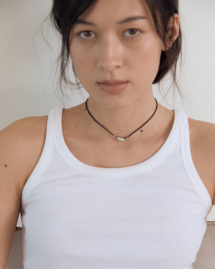 pearl and silver chips metallic crochet necklace