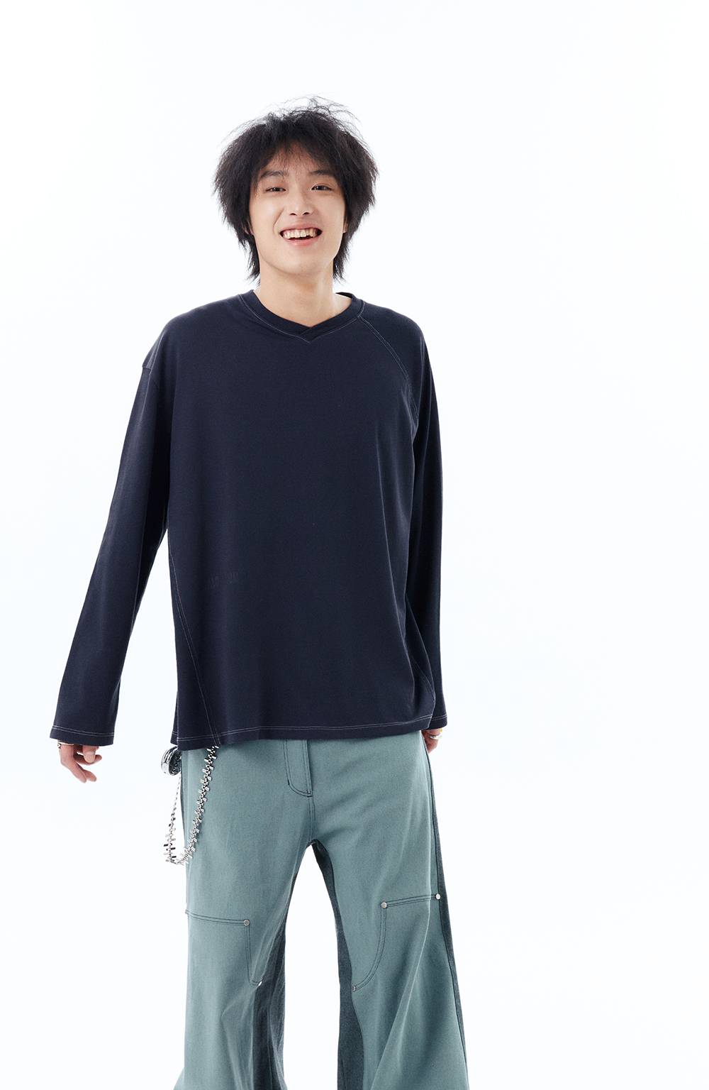 V NECK PIQUE RAGLAN TEE / NAVY