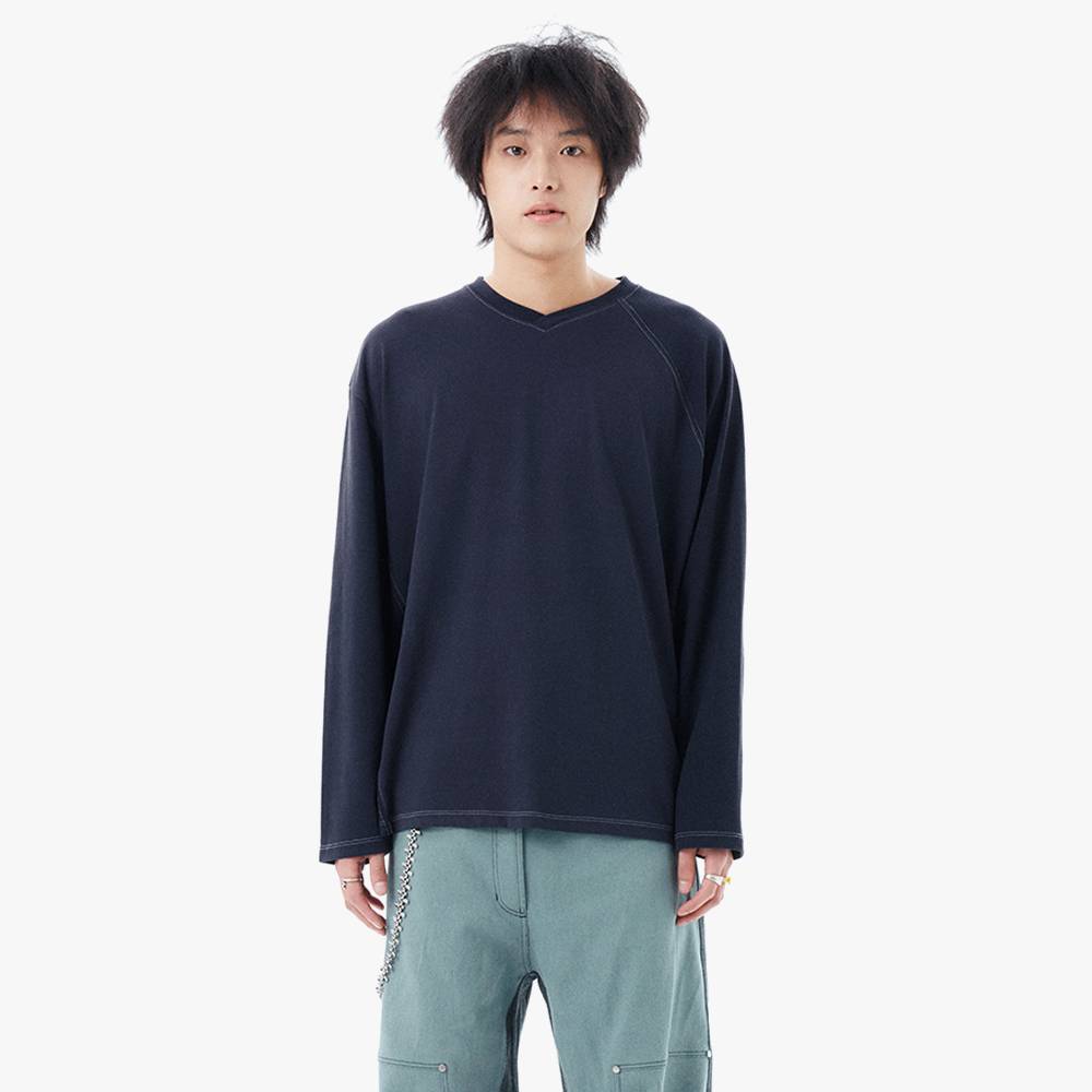 V NECK PIQUE RAGLAN TEE / NAVY