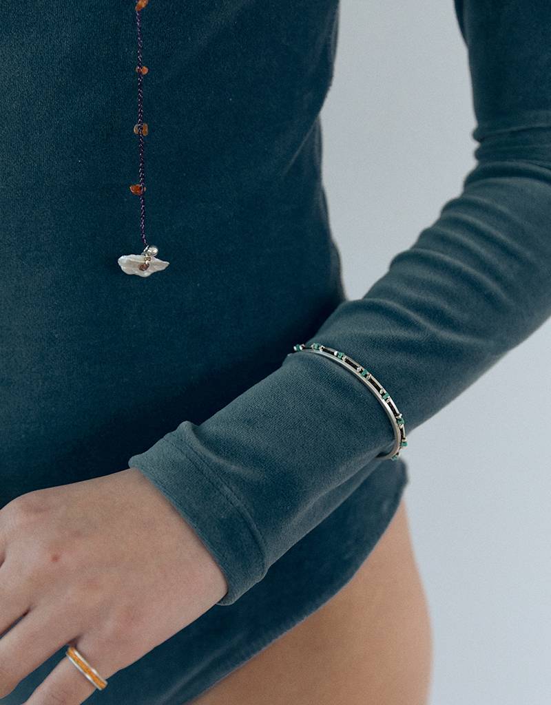 turquoise and silver blocks crochet bangle