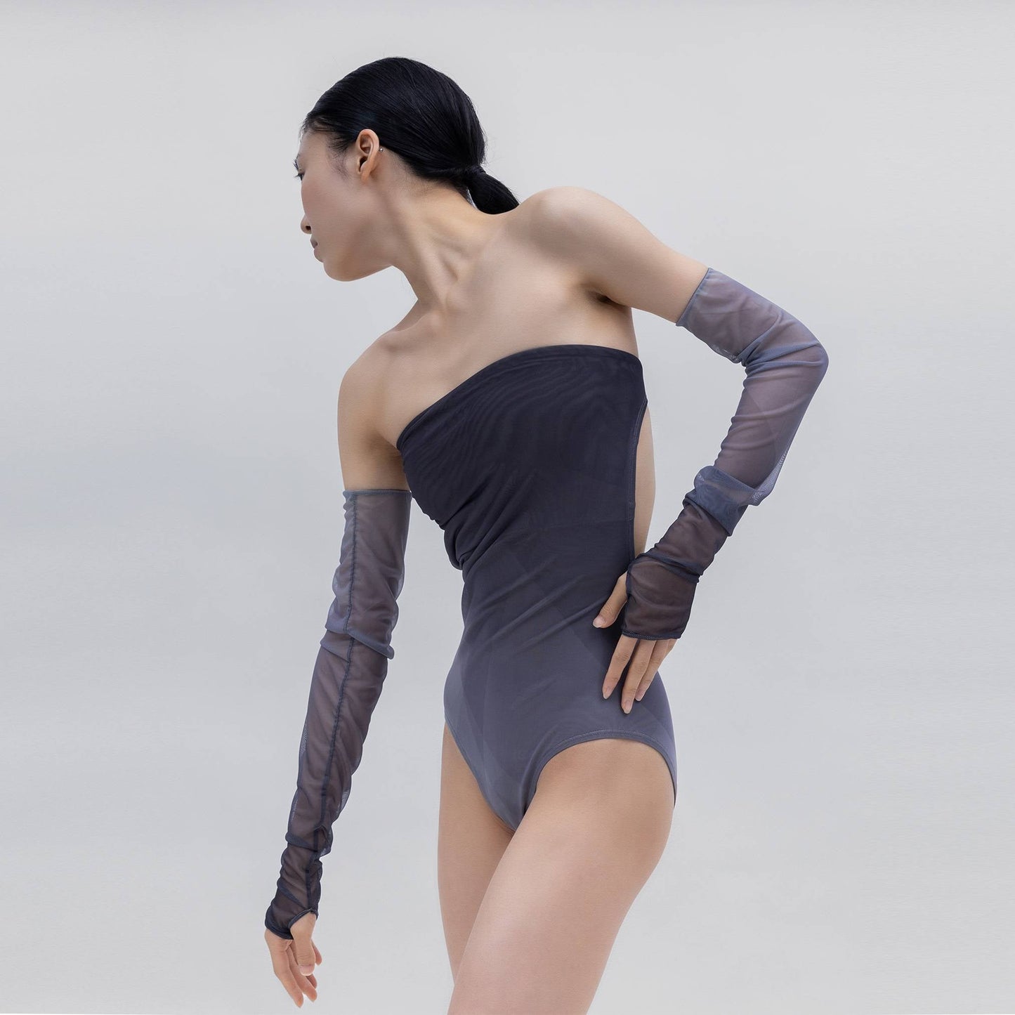 MESH BACKLESS TUBE TOP BODYSUIT [DEEP GRAY]