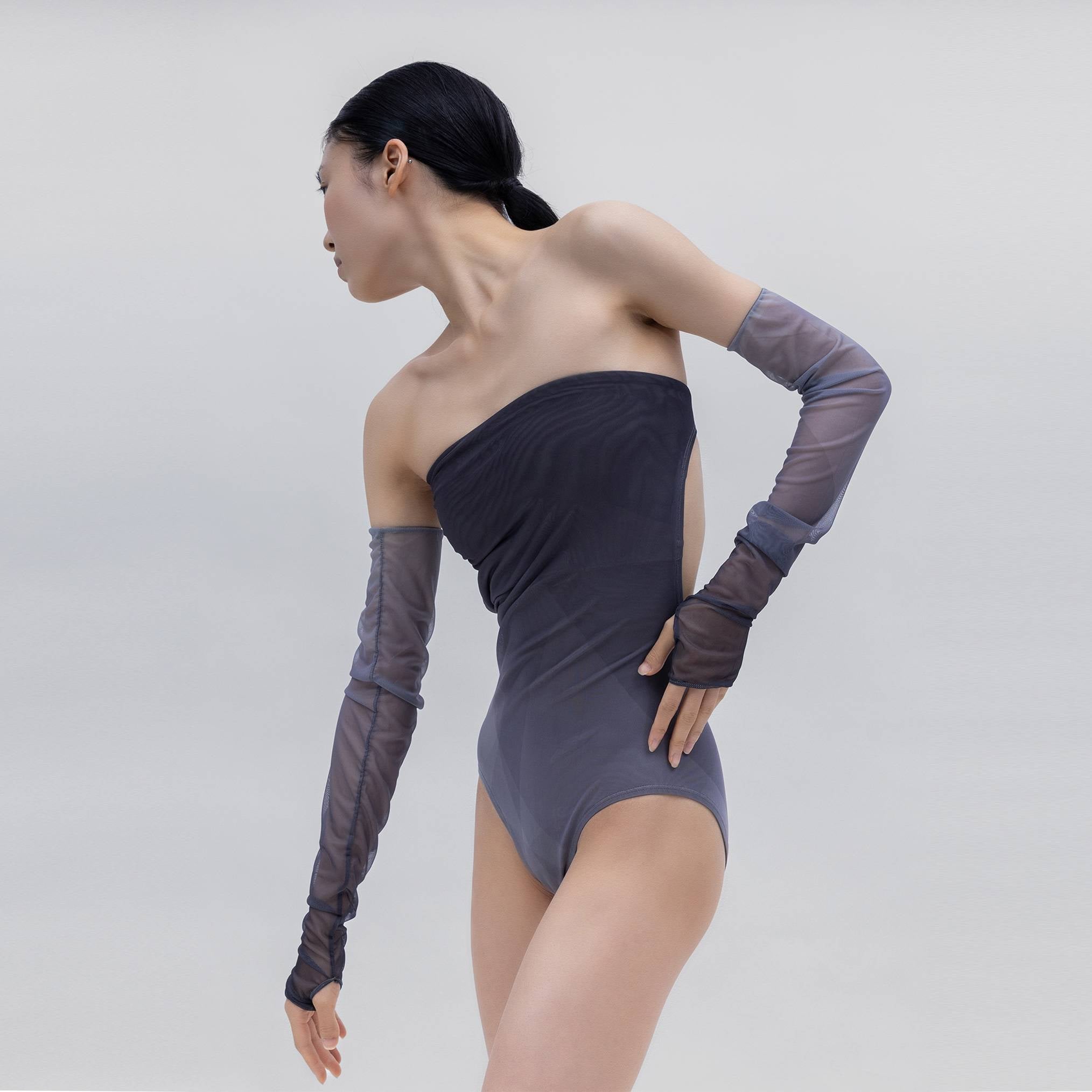 MESH BACKLESS TUBE TOP BODYSUIT [DEEP GRAY]