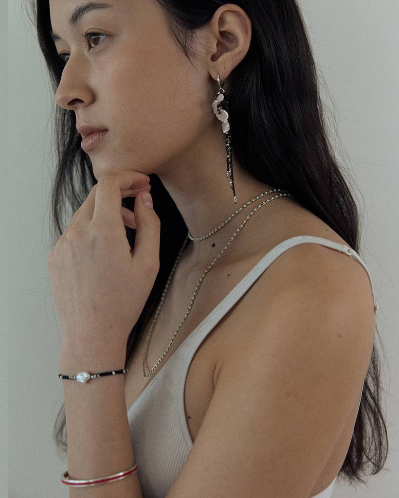 pearl and silver chips metallic crochet bracelet (bold)