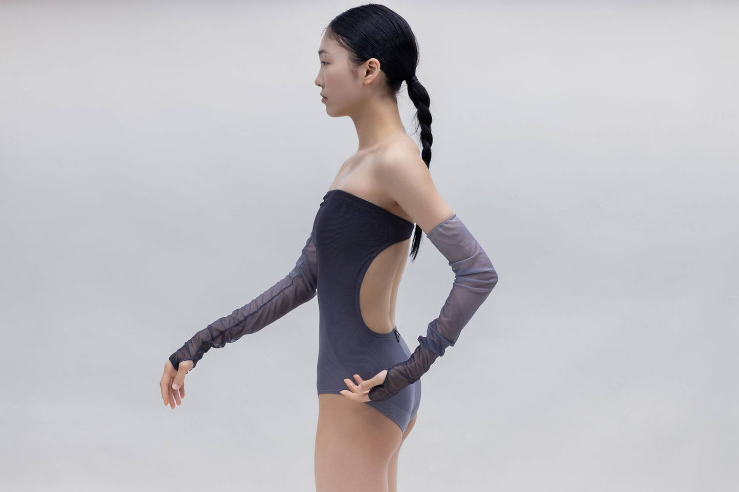 MESH BACKLESS TUBE TOP BODYSUIT [DEEP GRAY]